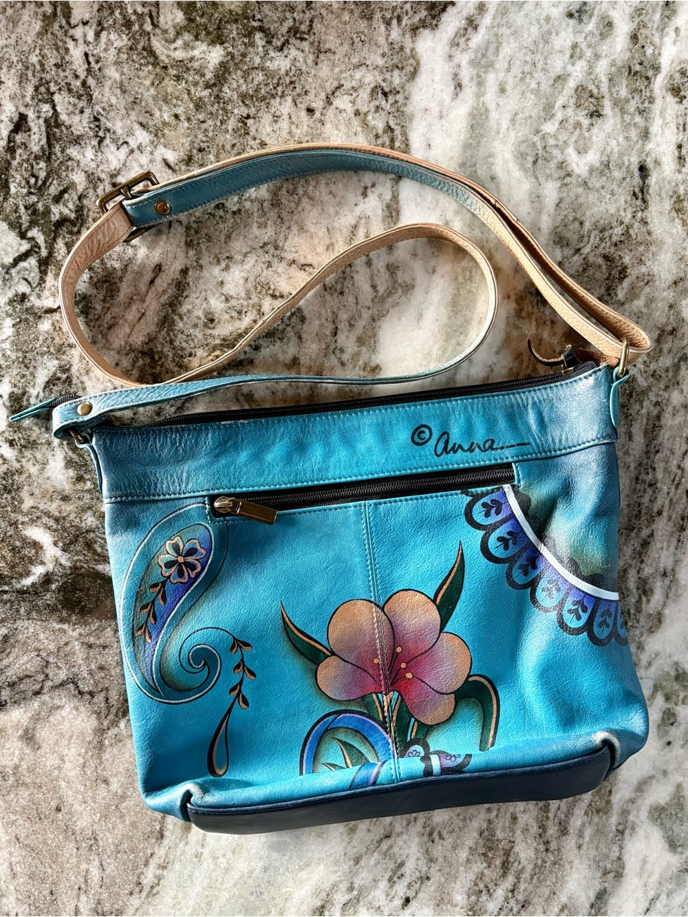 Anna by Anuschka—Painted Leather Crossbody/Shoulder Bag, Denim Paisley Floral